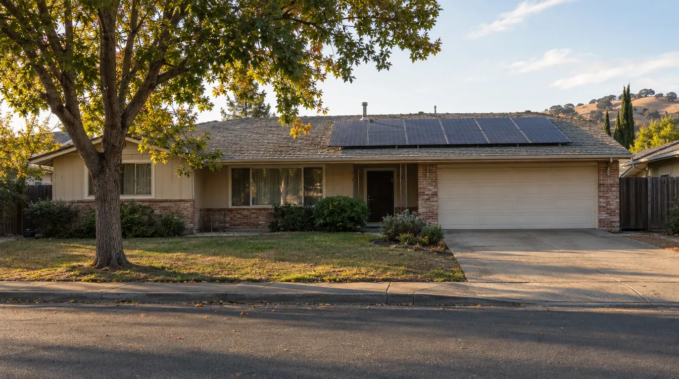 Ranch-style home on a tree-lined street with solar panels on the roof