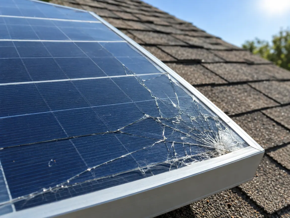 Close-up of a solar panel with cracked glass on a shingle roof