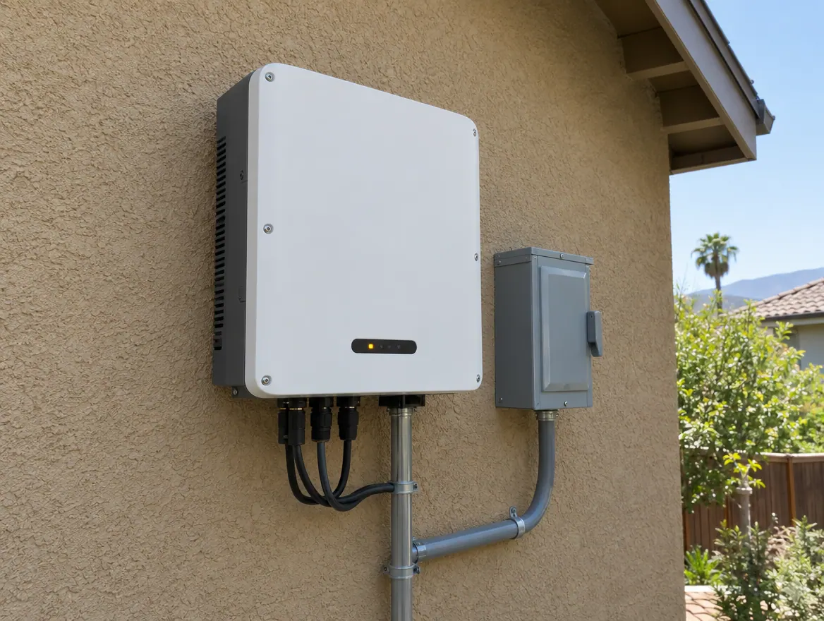 Solar inverter mounted on a stucco exterior wall with conduit running to a disconnect box