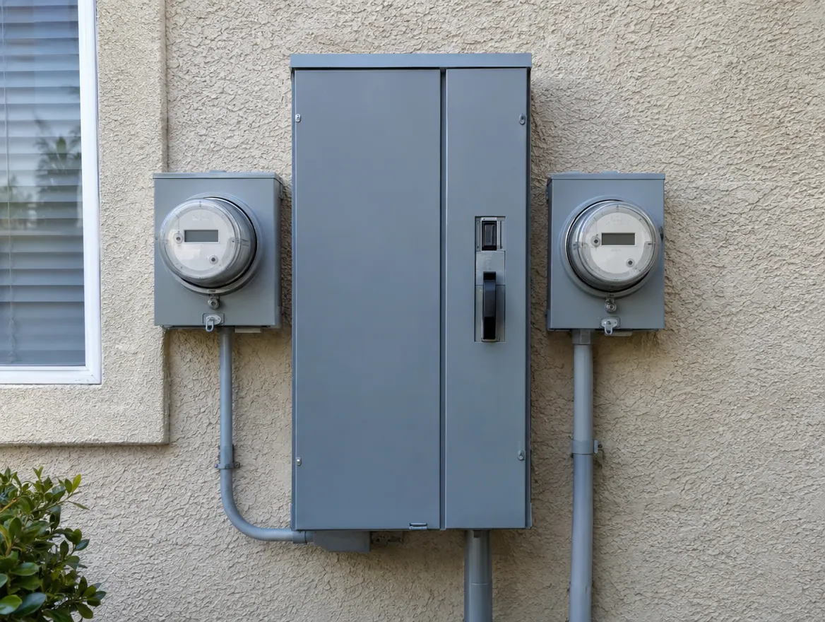 Two electric meters and a gray service panel on the stucco wall of a house