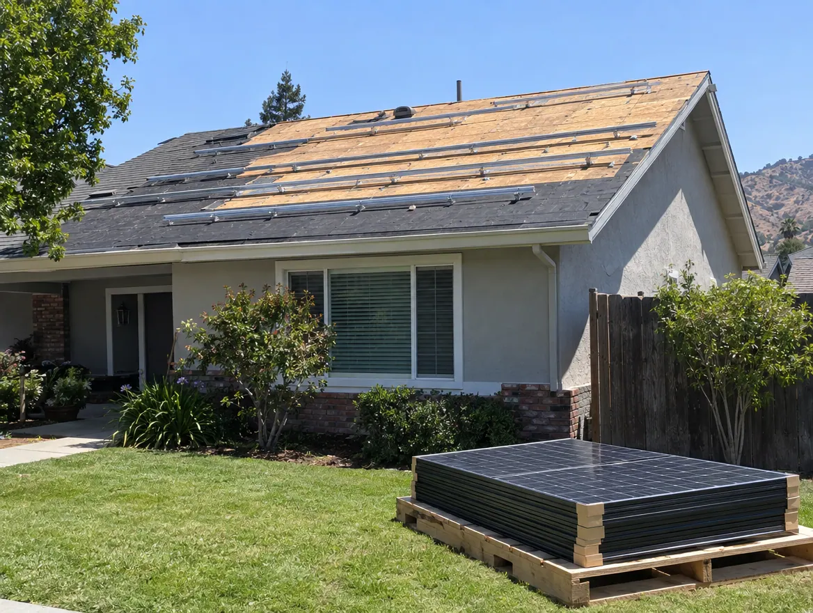 Home with its roof stripped to bare decking and a stack of solar panels resting on a pallet in the front yard